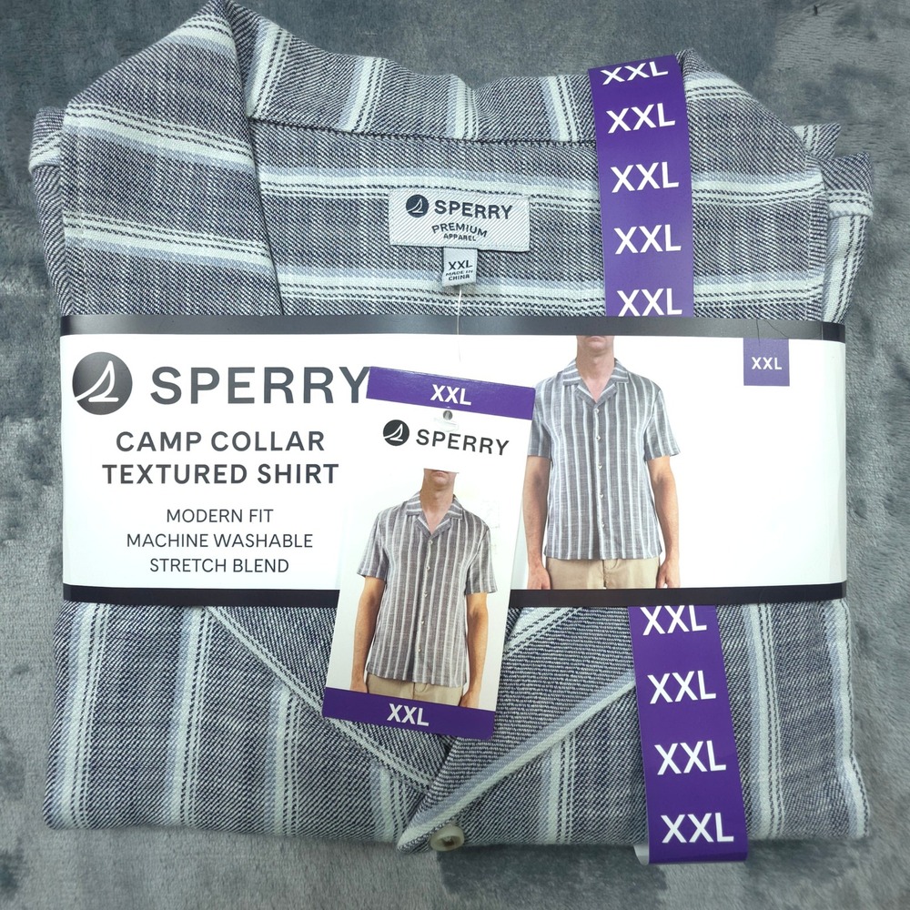 Sperry Mens XXL Camp Collar Textured Shirt Navy Stripe Modern Fit SP712SAM NWT